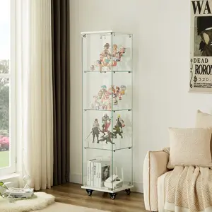 (High end and high-quality)4 Tier Glass Display Cabinet, Single Door Glass Cabinet with Lock and Wheels, Floor Standing Storage Cabinet with 3 Acrylic Shelves for Living Room, Bedroom and Office, White, 15.8"L x 14.2"W x 65.1"H