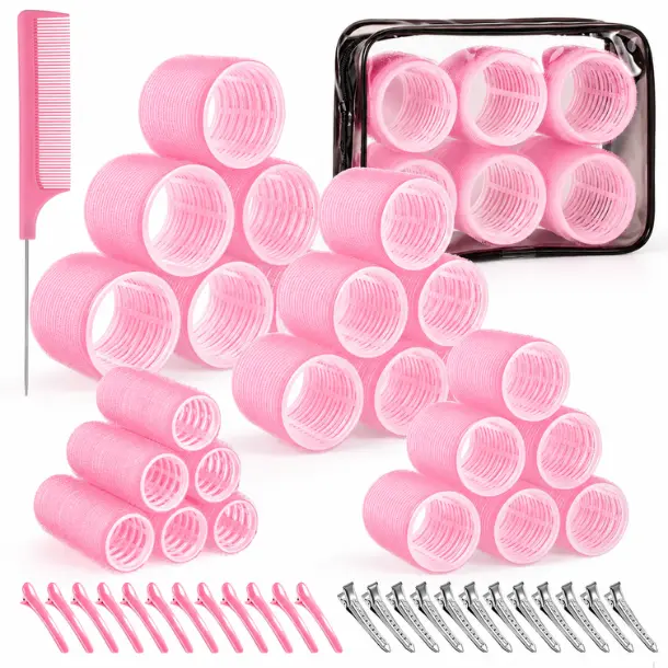 4 Sizes Self-Grip Hair Rollers Set for Long, Short Hair and Bangs - 50 Pcs with Clips (25mm, 36mm, 48mm, 60mm), Pink