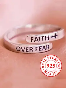 S925 Sterling Silver Fearless Faith Ring Cross Design, Inspirational Trauma Ring, Casual Style Plain Ring Perfect Hewelry Gifr for Friends（with Box）