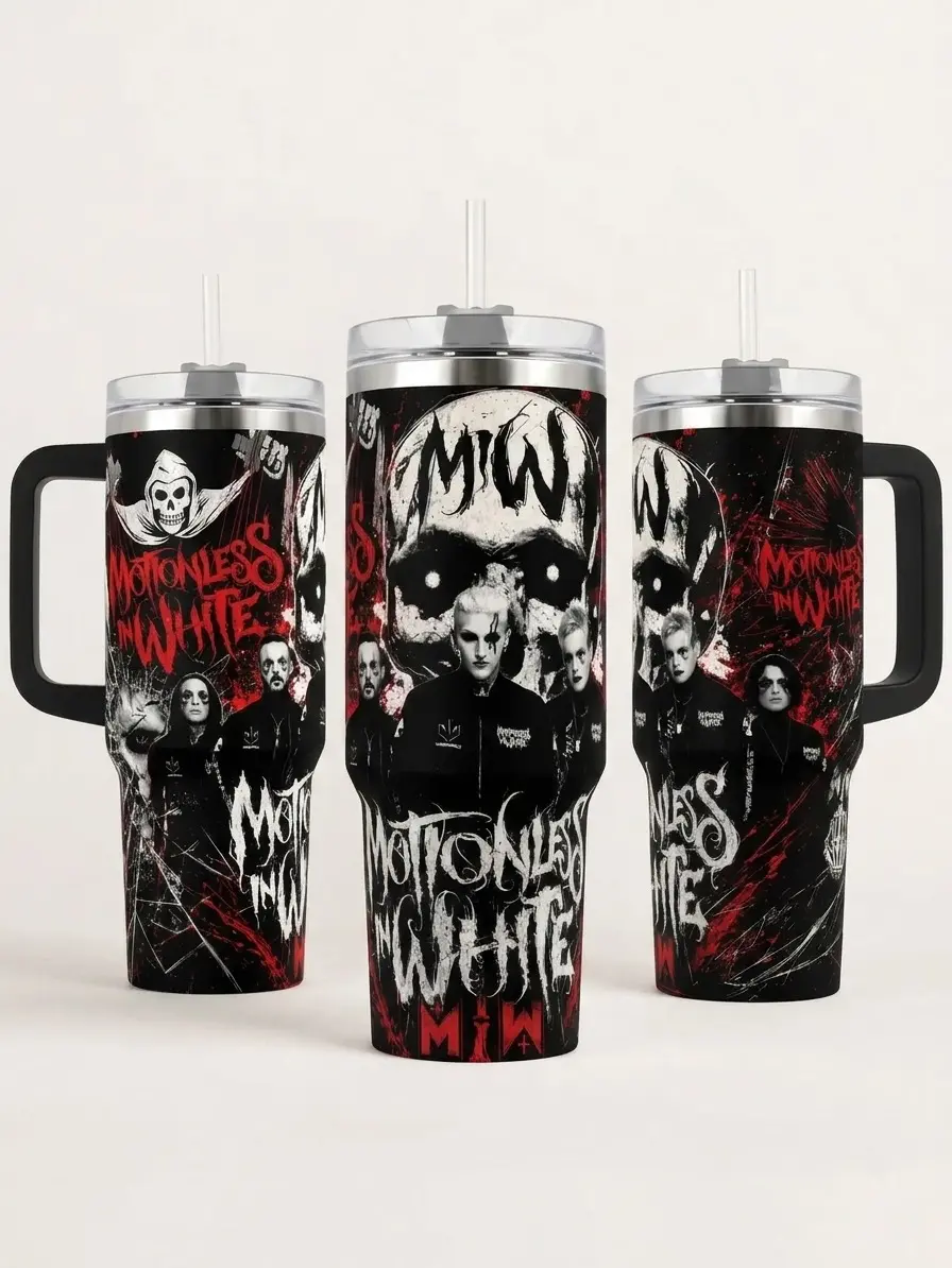 Motionless In White Inspired Tumbler 30oz 40oz With Handle, MIW Dark Metalcore Fan Cup, Black Red Gothic Rock Travel Drinkware, Not Including The Straw
