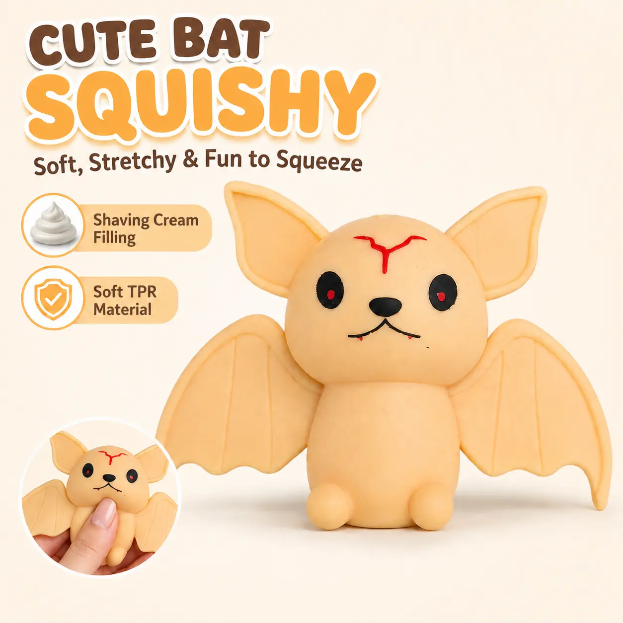 Cute Bat Squishy Toy, Soft TPR Animal Stress Relief Toy with Shaving Cream Filling, Stretchy Sensory Fidget Squeeze Toy for Adults and Kids, Desk Toy Fun Gift