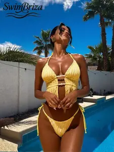 Briza｜Crochet Two-Piece Swimsuit In Lemon Yellow Solid Bikini With Cutouts And Tie-Side Brazilian Bikinis Style Where Bikini Sets Meet Bathing Suit Fancy And Bathing Suits For The Summer And Vacation Swimwear For Women With Confidence