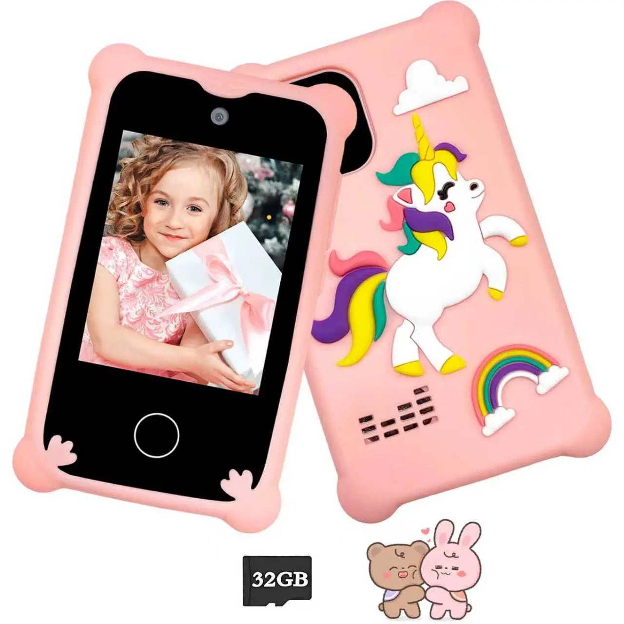 2.8 Inch Kids Touch Screen Smart Toy Phone with Dual Camera, Cute Unicorn Full Cover Case & 32GB Memory Card, Educational Games + MP3 Player, Christmas Birthday Gift for Boys Girls Ages 3-12 (Pink)
