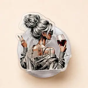 Aesthetic Girl Wine Phone Grip, 2D Acrylic Phone Stand Holder, Just Breathe Quote Phone Socket for Smartphone, Trendy Mobile Accessory Gift