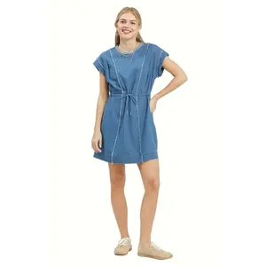 Umgee Drawstring Waist Frayed Light Denim Mini Dress