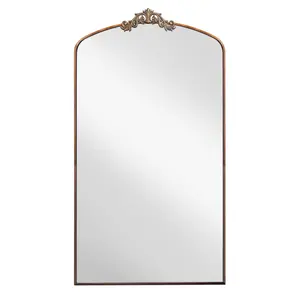 36"x66" Vintage Baroque Arch Full-Length Mirror, Ornate Metal Frame, Anti-Fog Dustproof Flower Garland Decoration, Wall & Floor Mountable for Bedroom, Living Room