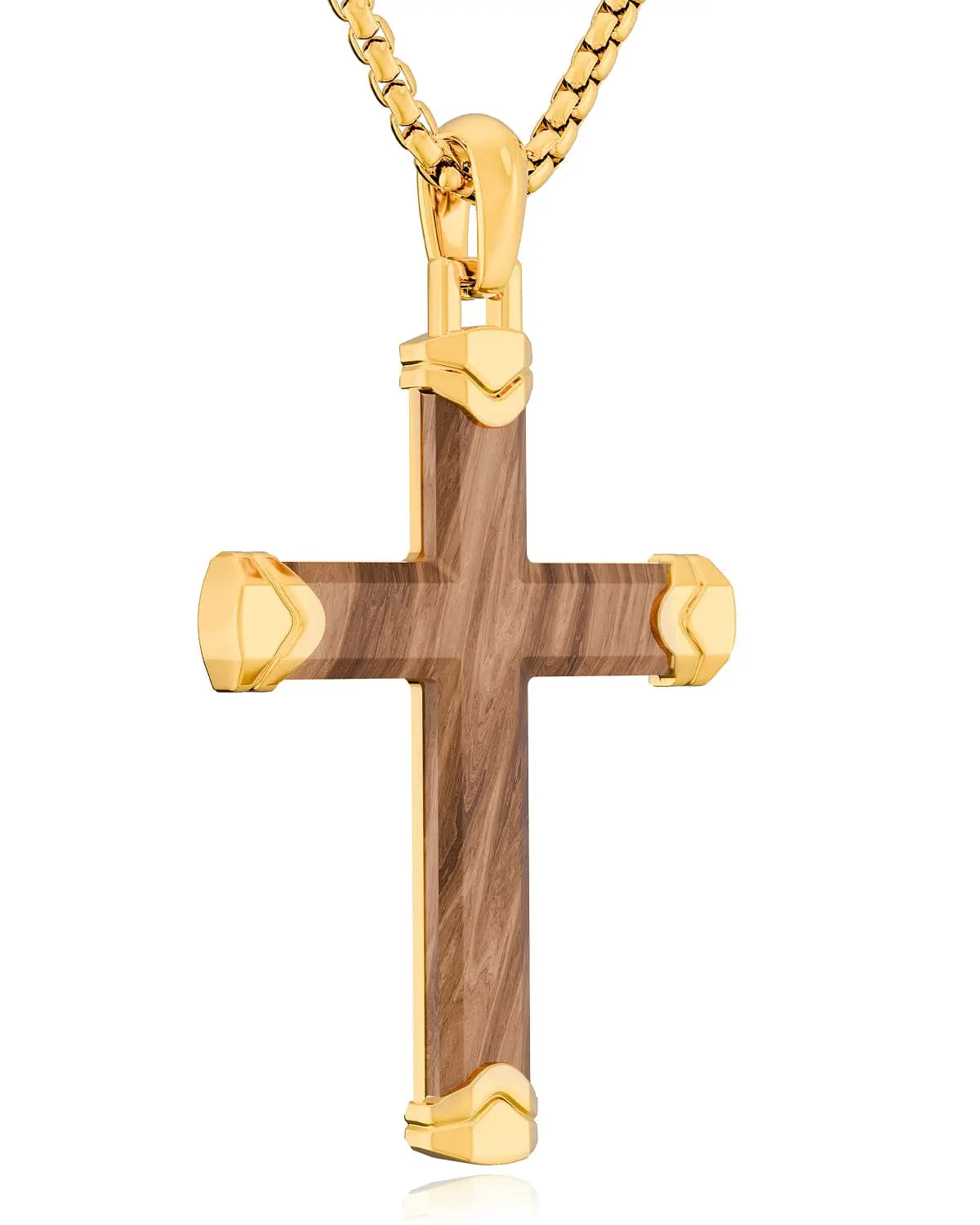 Classic Cross Bubinga Wooden Center Pendant Necklace, Gold-Tone, Metal Chain, Everyday Wear Costume Jewelry Accessory