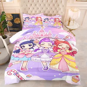 Purple Pink Chibi Princess Comforter Set, Soft Breathable K-Pop Idol Style Bedding, 1 Quilt + 1/2 Pillowcases, All-Season Sweet Fairy Tale Quilt for Girls Bedroom, College Dorm & Apartment Decor