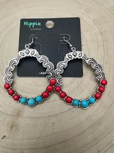 Faux Turquoise and Coral Hoop Earring - 1 3/4 inch drop