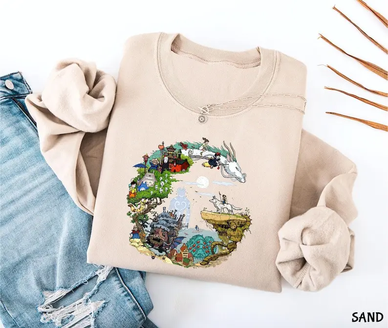 Studio Ghibli Sweatshirt – Vintage Anime Characters Crewneck, Totoro Spirited Away Howl’s Moving Castle Shirt, Cute Aesthetic Gift for Fans