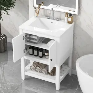 24" Bathroom Vanity with Sink, Modern Sleek Bathroom Vanity Elegant Ceramic Sink with Solid Wood Frame Open Style Shelf