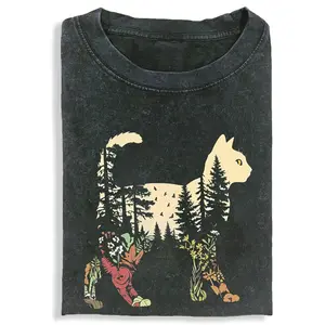 Boho Cat Plants Printed Design Unisex Vintage Crew Neck Regular Fit Cotton Fabric Casual Comfort Breathable Short Sleeve Funny T-shirts Fashion Men&Women's Top for Streetwear 012201