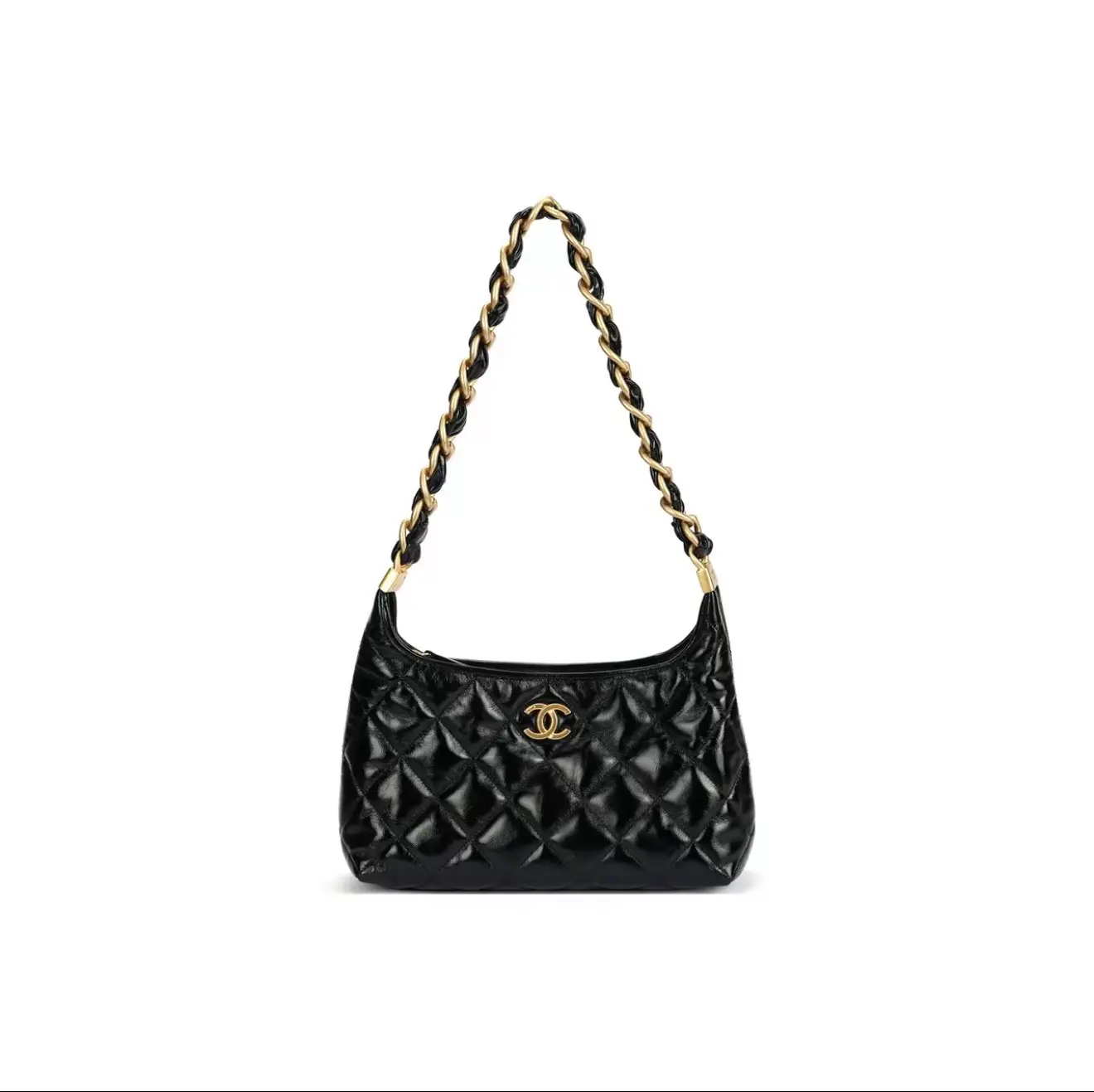 Pre-owned CHANEL 24A Black Gold Medium Hobo Underarm Bag, Chip Edition 2604653