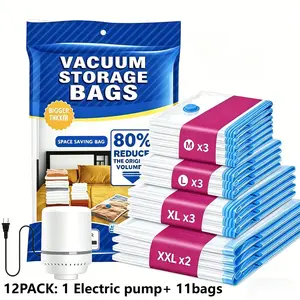 Summer Vibes-Vacuum Storage Bags,1 Electric pump+11 Bags 80% Compression Vacuum Seal Space Saver Plastic Packaging Bags for Clothes, Blankets, Pillow, Bedding, Comforters, Sealer Clothing Storage. Home Organiser privacy pouch  extra large capacity.