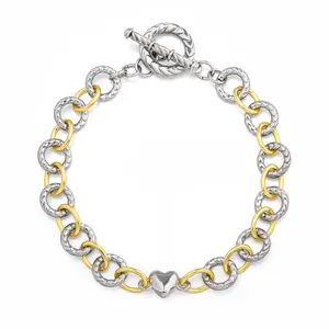 Aprilery Two-Tone Interlocking Link Bracelet – Mixed Textured & Smooth Chain, Heart Accent Charm, Toggle Clasp, Bold Minimalist Design, Perfect for Daily Wear/Special Occasions, On-Trend Fashion Accessory