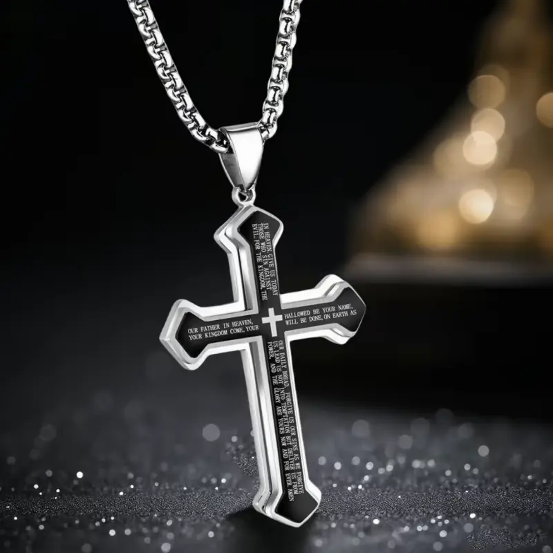 Men’s Engraved Bible Verse Cross Pendant – Rustproof Stainless Steel Religious Jewelry, Perfect for Gifting & Personal Style | TK Halo Accessories