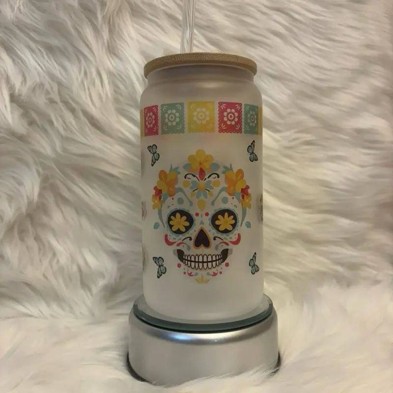 Sugar Skull Glass Cup 16oz