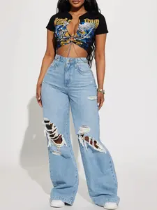 Not A Chance Ripped Non Stretch Wide Leg Jeans - Light Wash