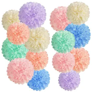 15PCS Pastel Paper Tissue Pom Poms Decoration Macaron Rainbow Candy Ice Cream Easter Flowers Wall Hanging Decor for Birthday Wedding