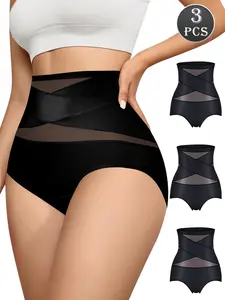 QUASTI 3-Piece Black High-Waisted Crossover Tummy Control Panties, Soft and Breathable, Highly Elastic and Silky, Skin-Friendly, Lifts and Shapes the Tummy Brief , Sizes S-XXL