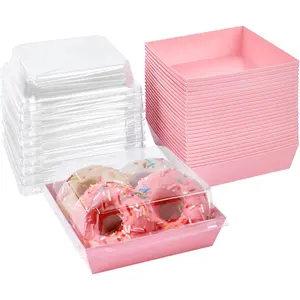 Small Charcuterie Boxes with Clear Lids, To Go Paper Disposable Food Containers, 5 Inches Bakery Dessert Boxes for Sandwich, Cookie, Pastry, Cake Slice (Pink, 50ct)