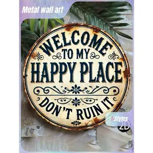 2D Flat 8X8 、12×12 Inch Round 1pc Welcome To My Happy Place Round Metal Sign, 2D Flat Printed Wall Plaque, Easy To Hang Art Decor for Bedroom Kitchen Dining Room Bar Home Office Gift