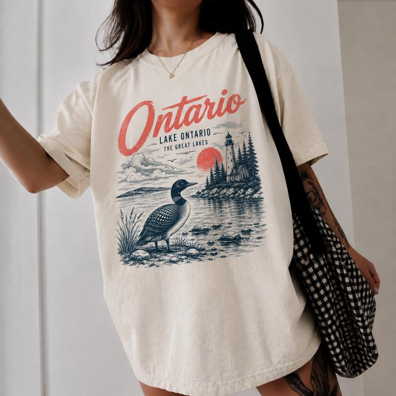 Comfort Colors Lake Ontario T-Shirt, Vintage Loon Lighthouse Graphic Tee, Great Lakes Canada Shirt, Ontario Souvenir Gift for Wildlife Lovers