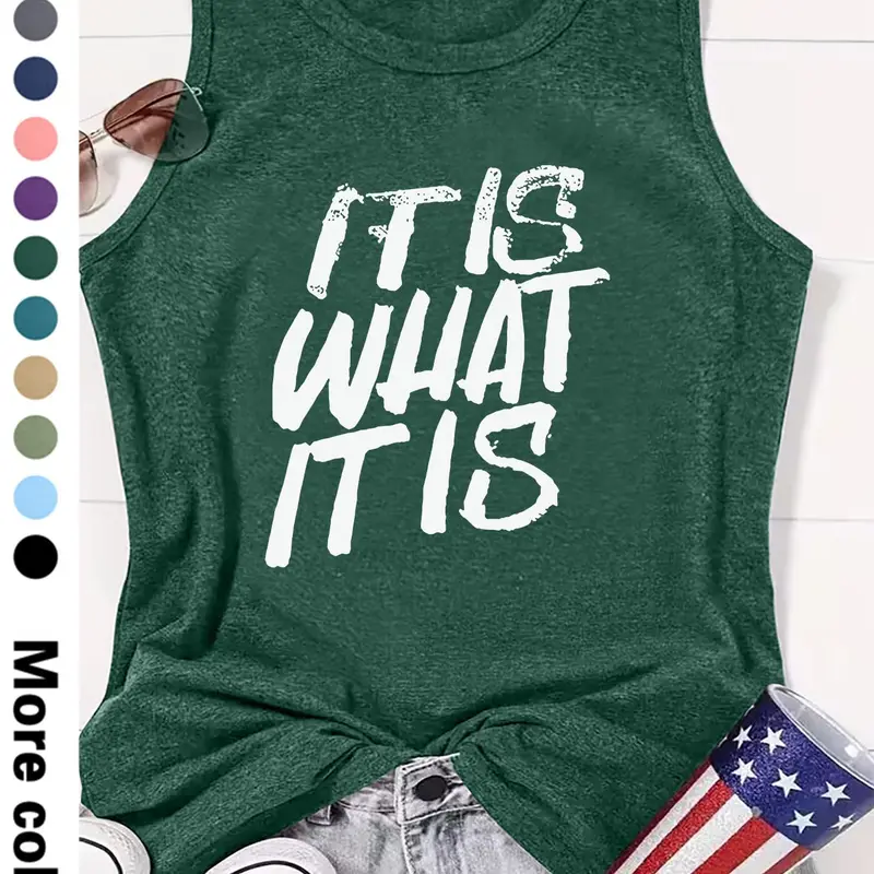 Women's Letter Print Round Neck Fitted Tank Top, Camisole Tank Top, Basic Casual Fit Sleeveless Crew Neck Top for Summer, Ladies Clothes for Daily Wear, Womenswear, Crewneck, Breathable, Breathable Sleeveless Tops