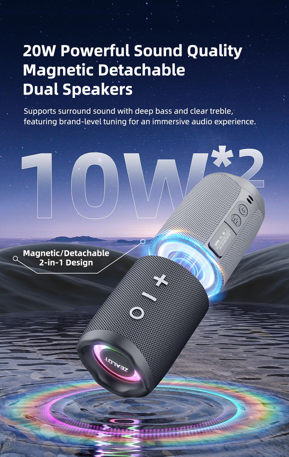 10W*2【ZEALOT】Portable wireless speaker, Magnetic Split speaker, RGB ambient light, outdoor Bluetooth speaker surround sound, TWS pairing,long battery life,supports USB/TF/AUX/BT smartphones. Ideal choice for family/car/party/camping/gift giving