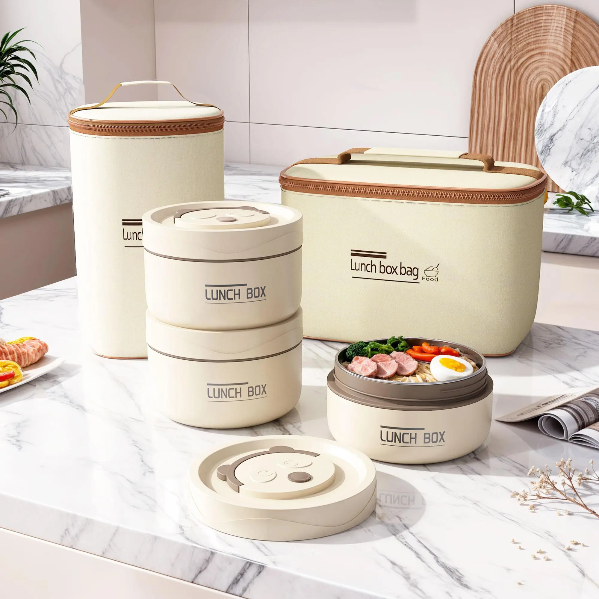 3/4 Pcs Insulated Bento Box Portable Stainless Steel Food Container Round Microwave Safe Stackable Leakproof Thermal Food Container for Adult Men Women with Insulated Bag(Beige) lunch  box mom  running  lunchbox bentgo box