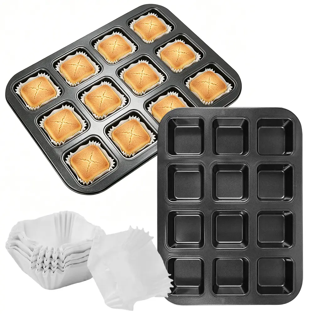 2 pack Brownie Pan Heavy Duty Carbon Steel Mini Muffin Pan Square Cupcake Brownie Pans Non Stick Baking Carbon Steel Bread Mold for Individual Brownies, Cakes Cookies