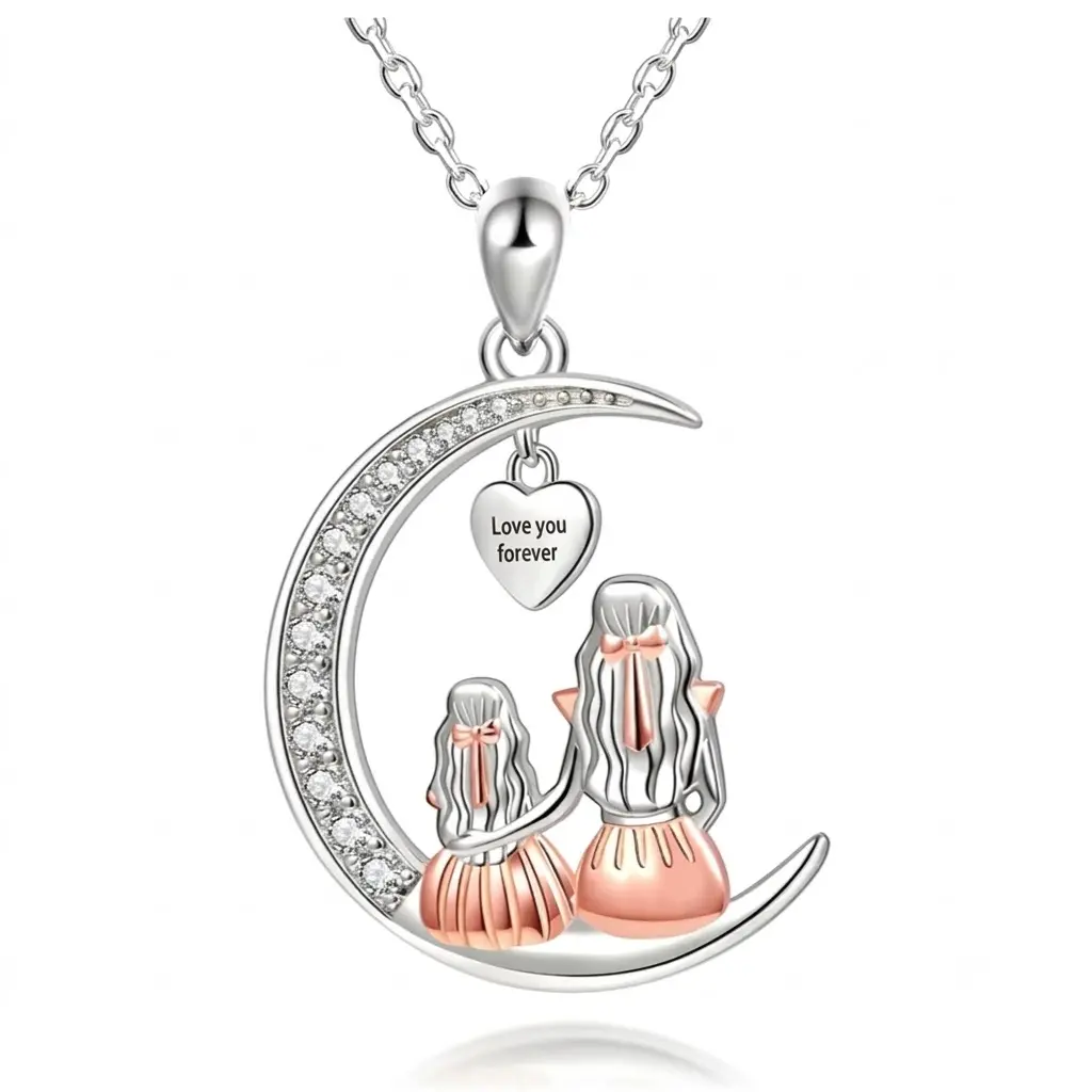 "Love You Forever" Crescent Moon Necklace | S925 Silver Mother Daughter Pendant for Her