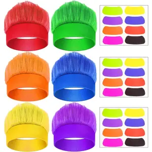 6 count Hairy Headbands Trolls Flowy Crazy Hair & Stickers - Spirit Week Accessory  Cheering Headwear Costume Props (Mixed Colors)