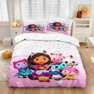 Gabby's Dollhouse Theme Bed Sheet Set, Healing Cartoon Character Print, Suitable For Children's Bedroom, Girl's Room Birthday Gift Style, Duvet Cover And Pillowcase Set, Without Core