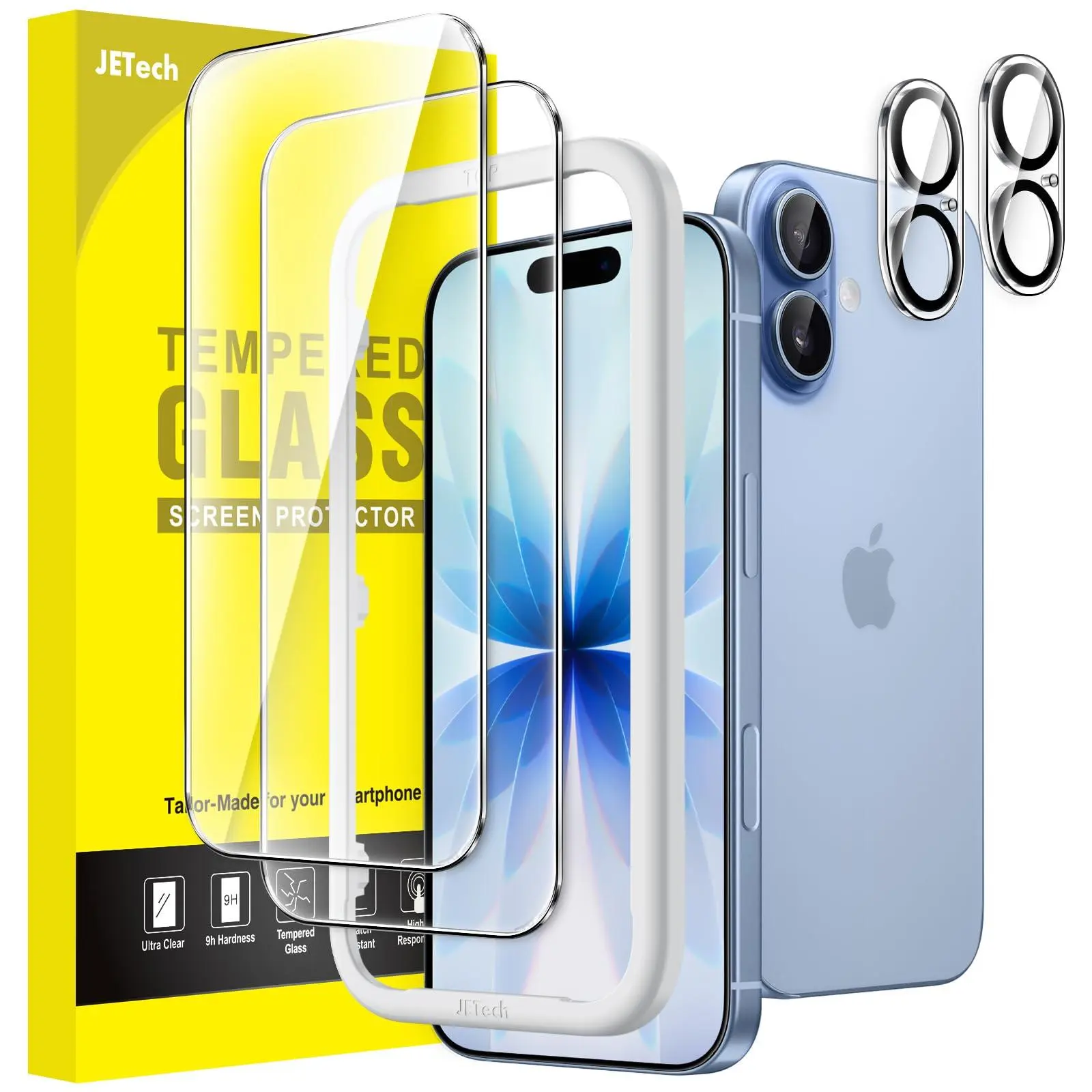 JETech Tempered Glass Screen Protector for iPhone 17 Series Smartphone - 9H Hardness, HD Clear, 2-Pack with Camera Lens Protector, Easy Installation Tool for Handheld Cellphone Devices Protection, Accessories