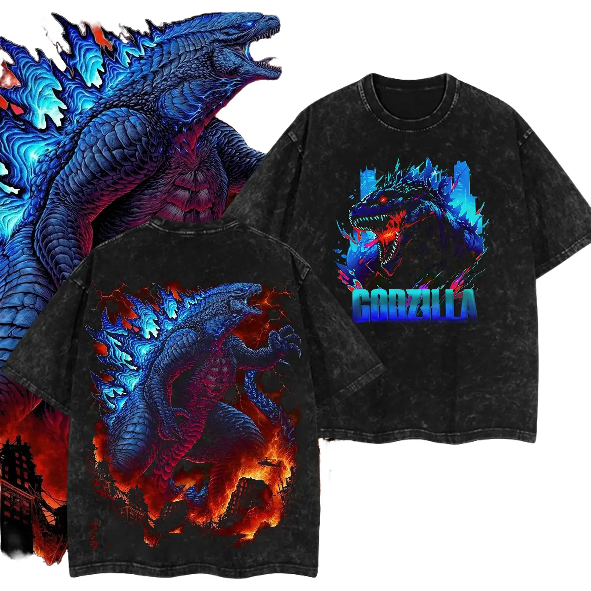 Godzilla Red Flame Of Emperor King Of Monster Monsterverse Kaiju Retro Unisex Vintage Double Printed Heavyweight Cotton Oversized Shirt Wash Tee, Washed Hoodie Workout Clothes, Clothes for Daily Wear