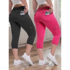 2-Piece High-Waisted Yoga Capri Pants Set, 4-Way Stretch Butt-Lifting Abdominal Control, 4 Button Pockets Workout Running Sports Pants