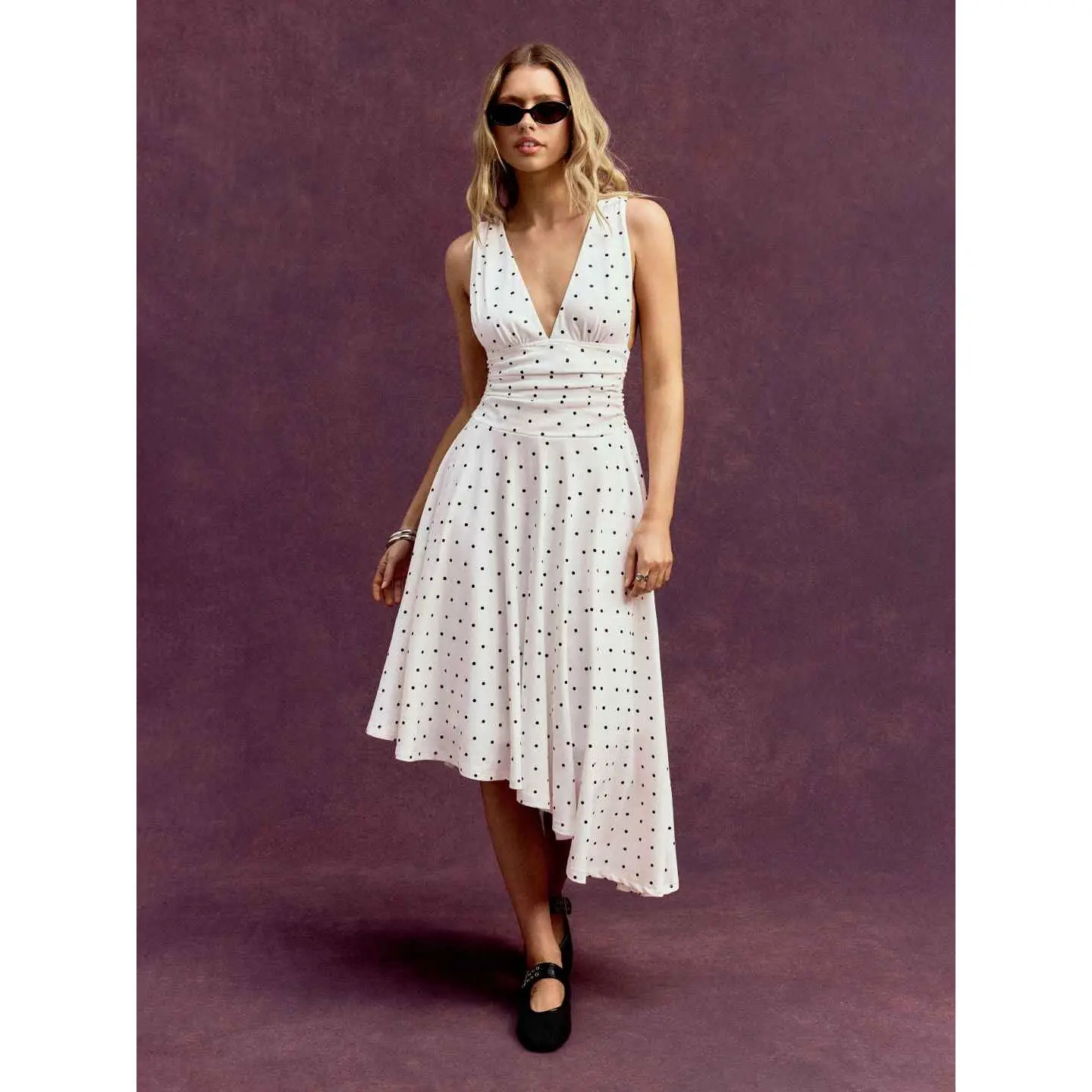 Cider Cotton V-Neck Polka Dot Asymmetrical Hem Ruched Flared Midi Dress - TikTok Shop Cider Cotton V-Neck Polka Dot Asymmetrical Hem Ruched Flared Midi Dress - TikTok Shop