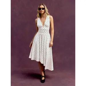 Cider Cotton V-Neck Polka Dot Asymmetrical Hem Ruched Flared Midi Dress