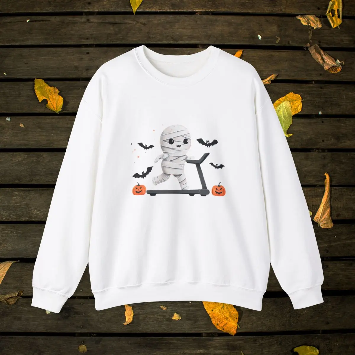 Cozy Halloween Mummy Crewneck Sweatshirt - Cute Spooky Treadmill Mummy Sweater - Unisex Heavy Blend Crewneck