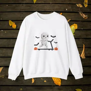 Cozy Halloween Mummy Crewneck Sweatshirt - Cute Spooky Treadmill Mummy Sweater - Unisex Heavy Blend Crewneck