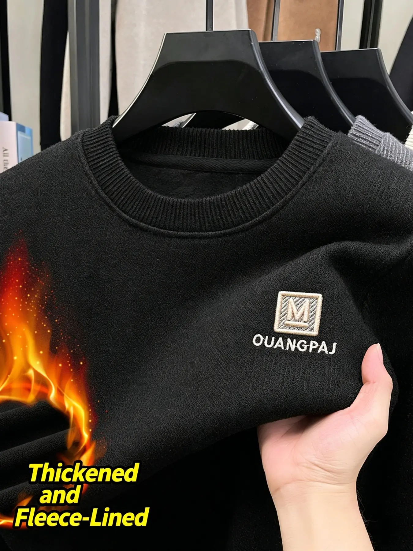 Men's Fleece Lined Round Neck Sweater, Thick Warm Knit Top, Embroidered Crewneck Pullover, Casual Fall Winter Wear, Essential Daily