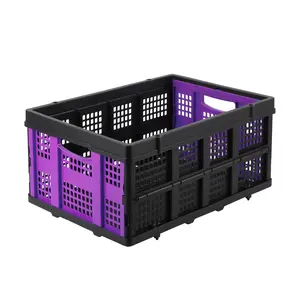 Garvee 14.5 Gallon Purple Collapsible Milk Crate - Heavy-Duty Plastic Storage Container with Handles, 55 LBS Load Capacity, Stackable Folding Bin for Home, Office, Farm, Garage, Basement