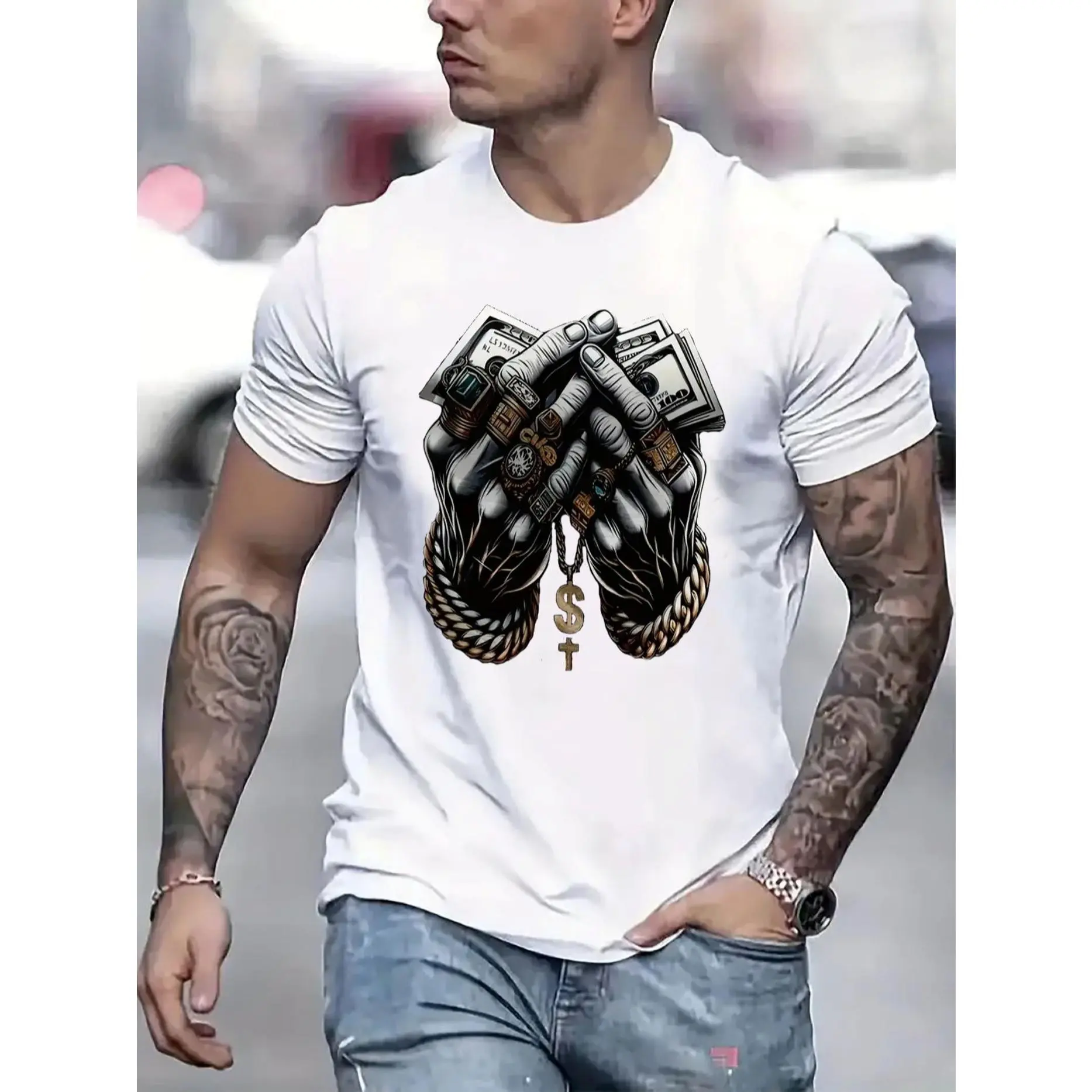 Men's Graphic T Shirts, Cotton Streetwear Letter Print Shortsleeve Round Neck Top for Spring and Summer Menswear, Men's T Shirts