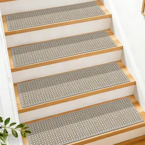 15-Pack Non-Slip Stair Treads for Wooden Steps, 9" x 30" Chenille & Linen Blend Carpet Stair Runners, Self-Adhesive Washable Step Covers for , Elders and Dogs (Grey)