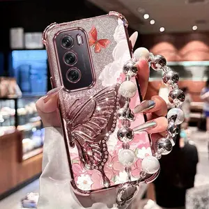 Reno12 Nishang Butterfly Dream Plating Lucky Clover Strap Lanyard Quicksand Butterfly Bracket Phone Holder Case with Shockproof Cover Compatible with For Oppo Reno 12