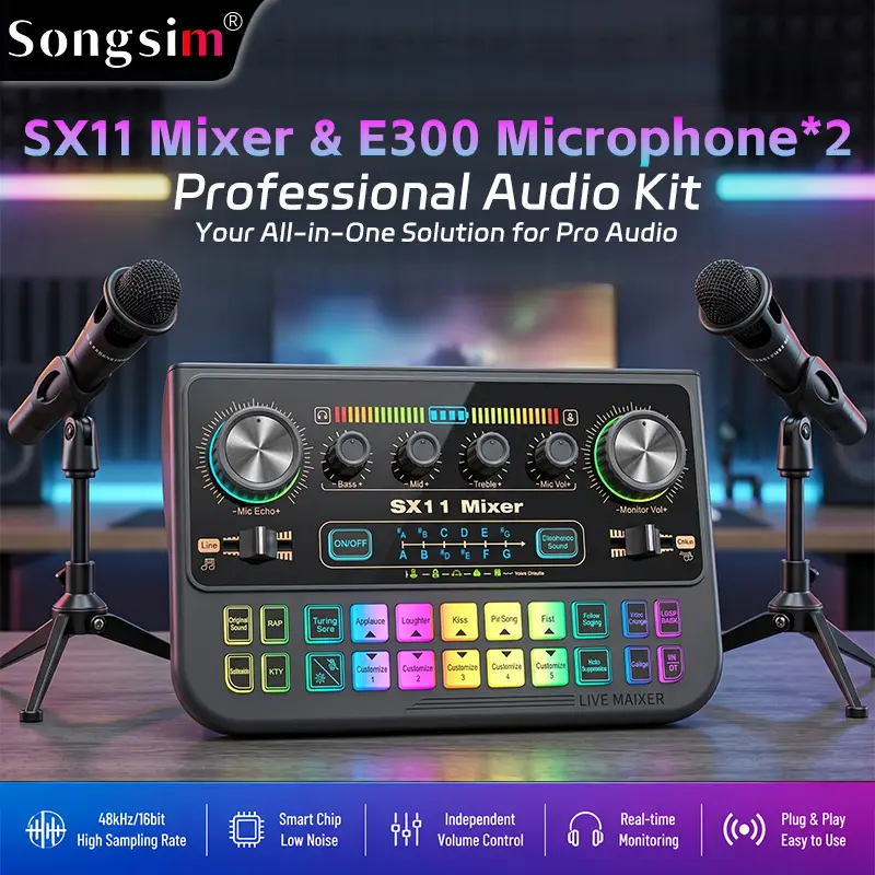 Songsim-SX11 & E300 2-Person Podcast Equipment Bundle - All-in-1 Live Streaming Sound Card, E300 Microphone for Smartphones, Computers, recording，creation，live streaming