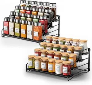 NEW Spice Rack Organizer for Cabinet Pantry,4 Tier Countertop Spice Rack,Step Spice Organization Easy Visibility,Tierd Depth Expandable Seasoning Shelf for Kitchen Cabinet Organizer,Black,2 PACK