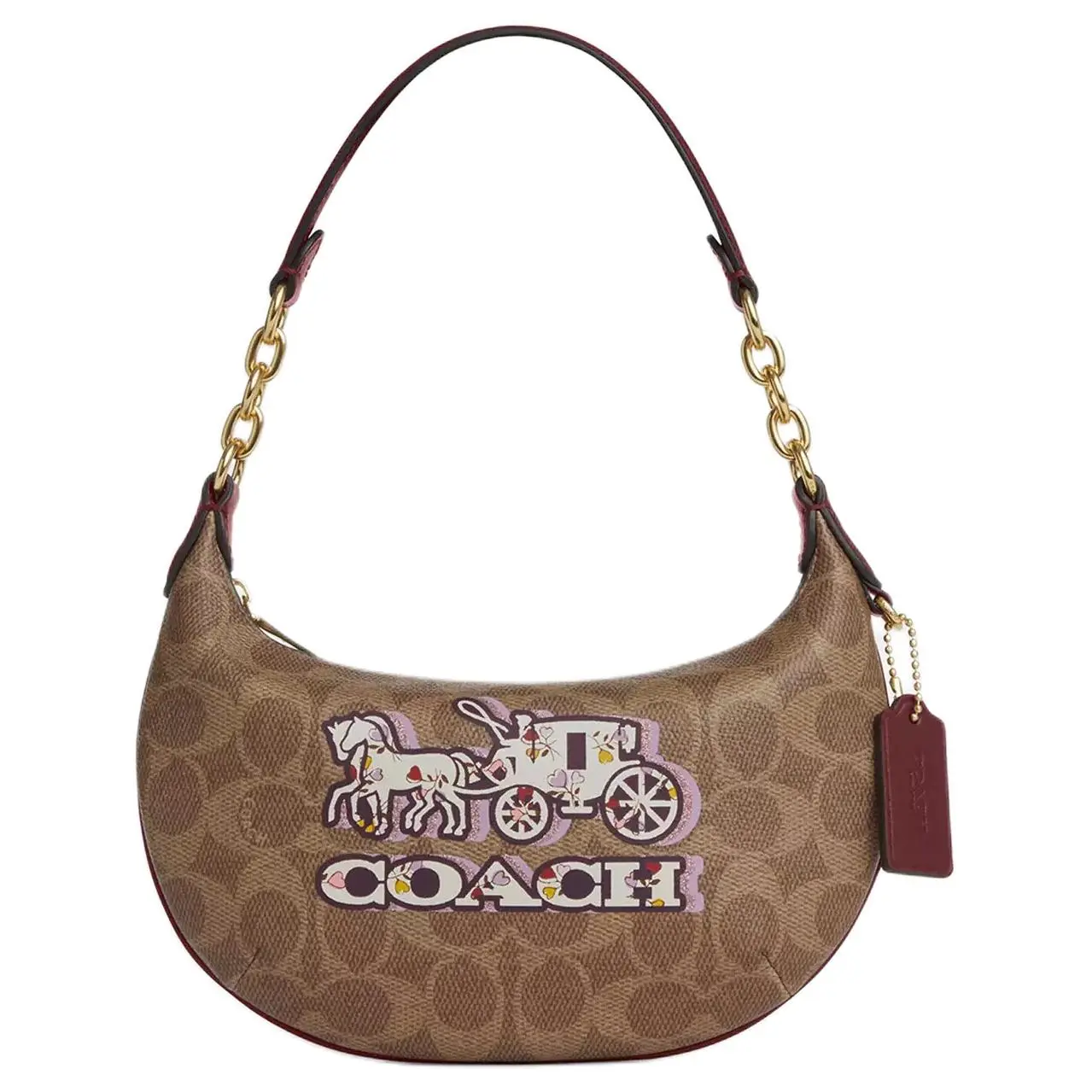 Coach Payton 22 Satchel Handbag for Women – Coach Carriage Print Coated Canvas and Smooth Leather in Tan and Black Cherry
