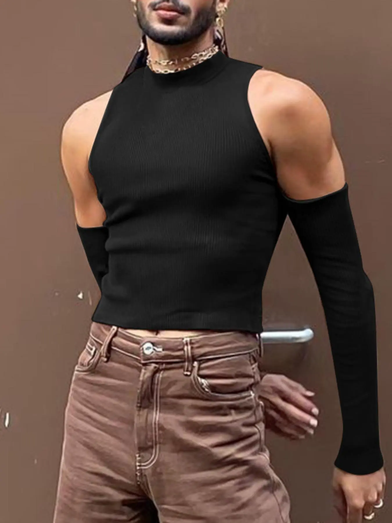 Men's Slim Cold Shoulder Mock Neck Crop Tank Top, Cut Out Long Sleeve T-shirt for Spring & Fall, Comfort Basic Minimalist Menswear for Daily Wear